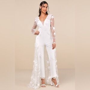 LULU’S IMMACULATE FAVORITE MESH EMBROIDERED CAPE JUMPSUIT